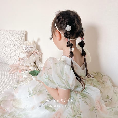 即納あり◆kids 4color Flower budsバックシャンパフスリーブシフォンドレス(547)