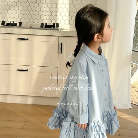 kids white / sky blueギャザーフリルシャツワンピース(3998)