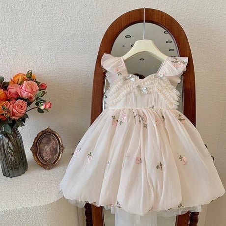 kids バックシャンフローラルロングリボンドレス(536)