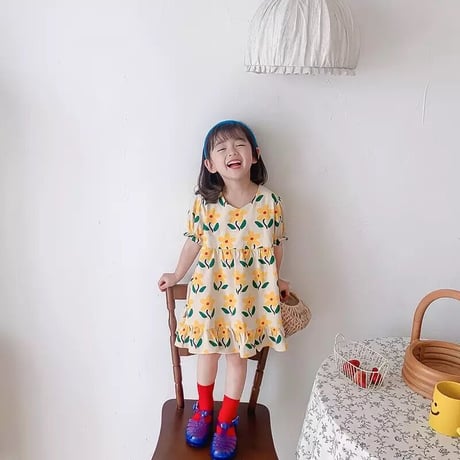 kids 2pattern花柄Vネックワンピース(1594)
