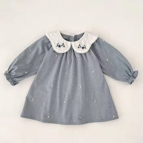 姉妹お揃いブルー小花柄コーデュロイロンパースorワンピース(2003)