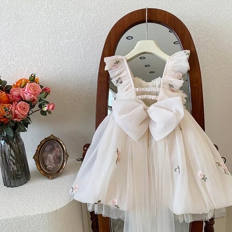 kids バックシャンフローラルロングリボンドレス(536)