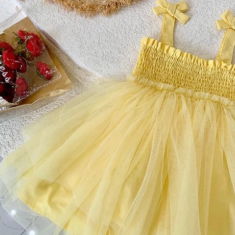 kids yellow/pinkシャーリングpopチュールドレス(4138)