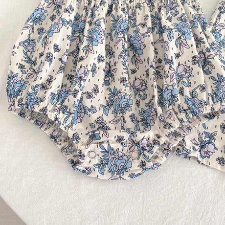 姉妹お揃いブルーペイズリー柄シャーリングロンパースorワンピース(1283)