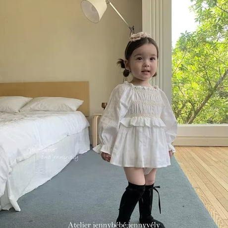 jennybebe姉妹お揃いホワイトシャーリングロンパースorワンピース(741)