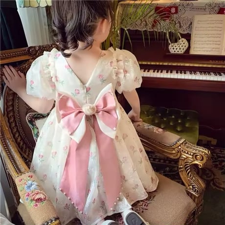 kids チューリップパフスリーブホワイトドレス(1044)