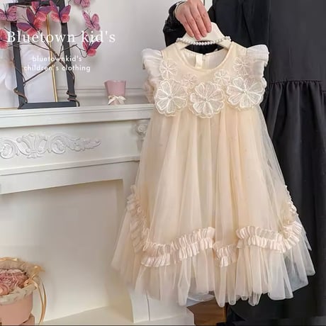 kids champagneフラワー刺繍ラインフリルドレス(1237)