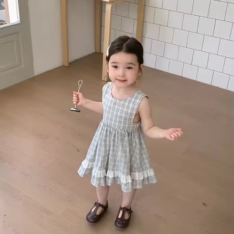 姉妹お揃いペールチェックノースリーブワンピースorスカートブルマサロペット(1395)