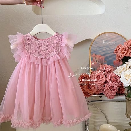 kids ivory/pink フロントフリルローズガーリーラメチュールドレス(4126)