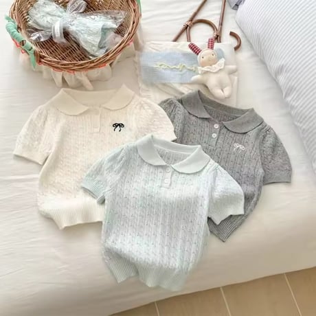 kids 3colorアイレットラウンドネック半袖サマーニットブラウス(1655)