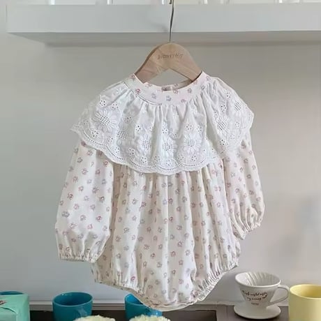 姉妹お揃いBIG white lace collarフラワーロンパースorワンピース(1058)