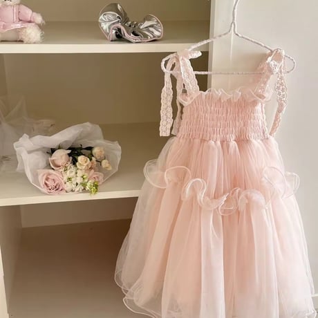 kids pinkコットンリボンシャーリングロングドレス(1234)