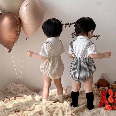 2color 半袖チェックドッキング蝶ネクタイ付きロンパース(3033)