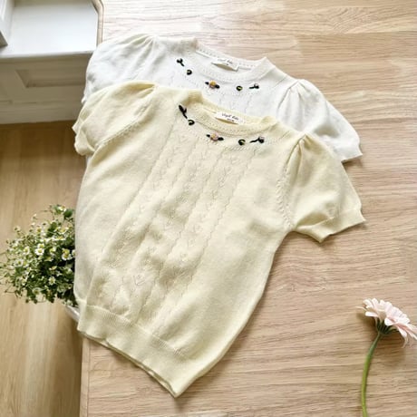 kids white/lemon petitフラワーサマーニットトップス(1483)