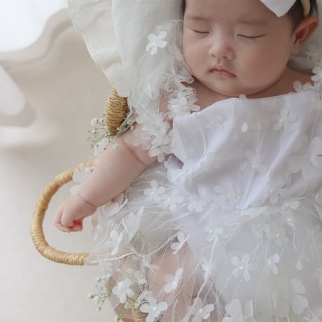white/blue 3D flowerチュールベビーロンパースドレス(2324)
