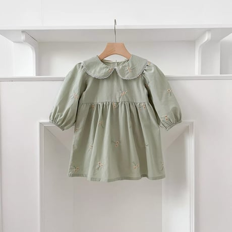 姉妹お揃いミントマーガレット刺繍ロンパースorワンピース(726)