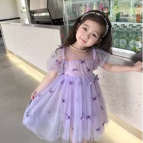 kids purple/green バタフライパフスリーブチュールドレス(838)