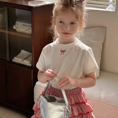 kids red/navy プチリボンTシャツ×チェックフリルキュロット(1278)