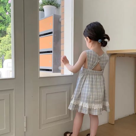 姉妹お揃いペールチェックノースリーブワンピースorスカートブルマサロペット(1395)