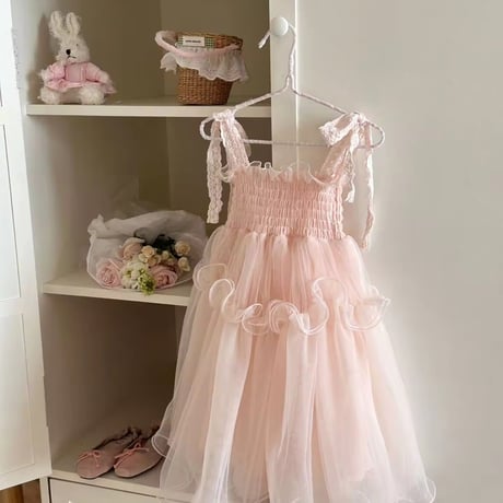 kids pinkコットンリボンシャーリングロングドレス(1234)