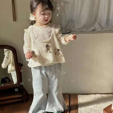 kids beige×blue小花柄トップス(1034)