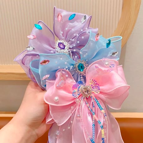6color キラキラパーツリボンチュールヘアクリップ(930)