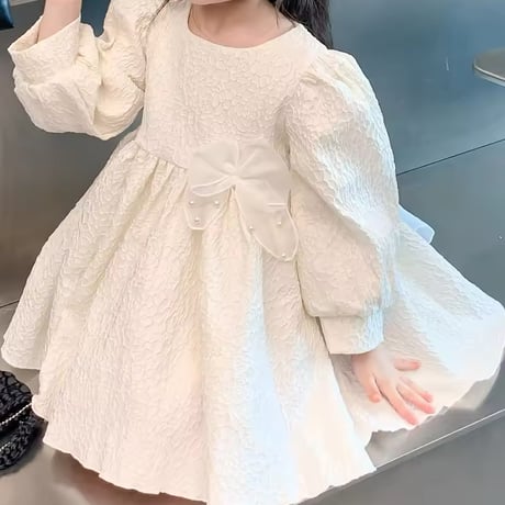 kids backビッグリボンシワ加工ホワイトワンピース(817)