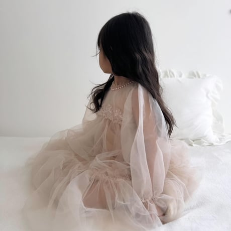 kids pink beige袖チュールドレス(3222)
