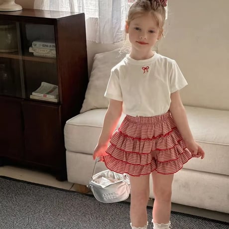 kids red/navy プチリボンTシャツ×チェックフリルキュロット(1278)