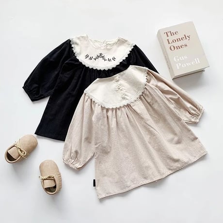 kids 刺繍襟ぽわん袖Aラインワンピース(2385)