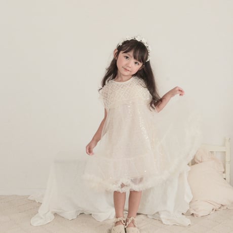 kids スクエアネックビジュー×スパンコールドレス(370)