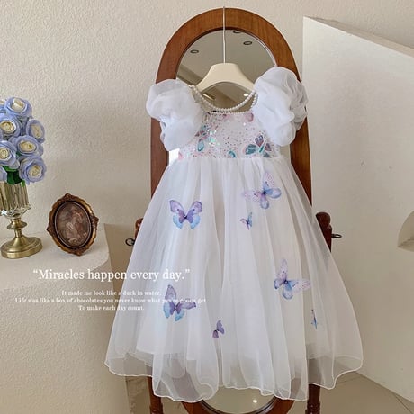 kids Butterfly fliesパフスリーブホワイトドレス(4109)