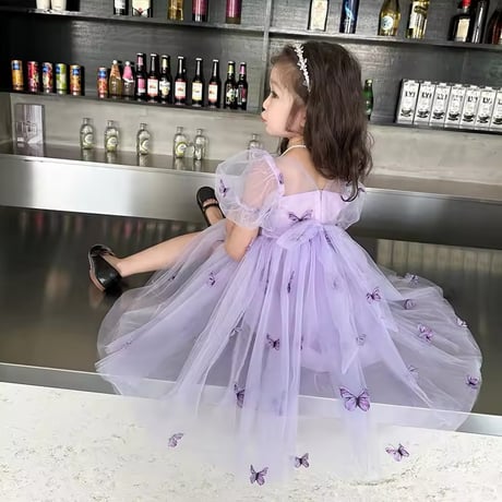 kids purple/green バタフライパフスリーブチュールドレス(838)