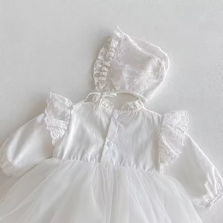 white/apricot ボンネットsetセレモニーレースドレスロンパース(983)