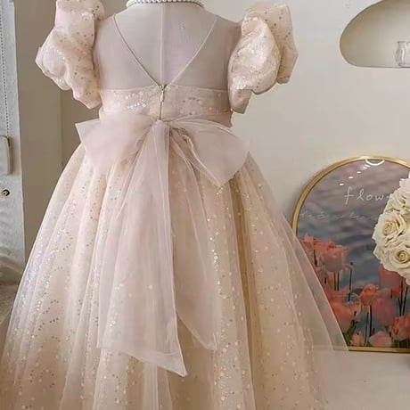 kids pink/champagne スパンコールパフスリーブドレス(638)