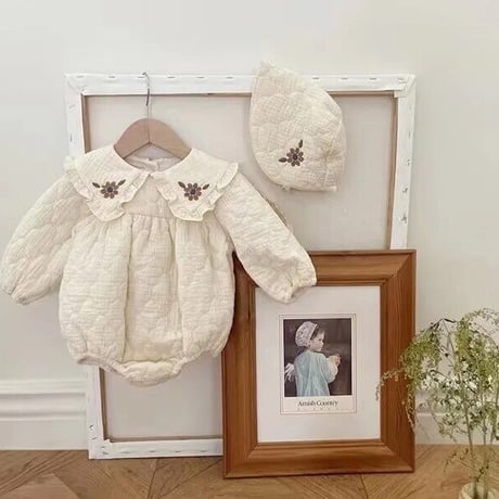 姉妹お揃いキルティングアイボリーお花刺繍ロンパースorワンピース(3322)