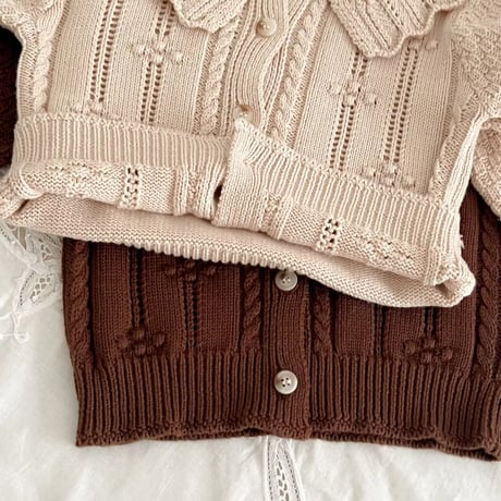 フリル襟ガーリーかぎ針編みニットカーディガン(669)