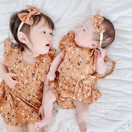 姉妹マスタード小花柄ワンピ＆ロンパース(780)