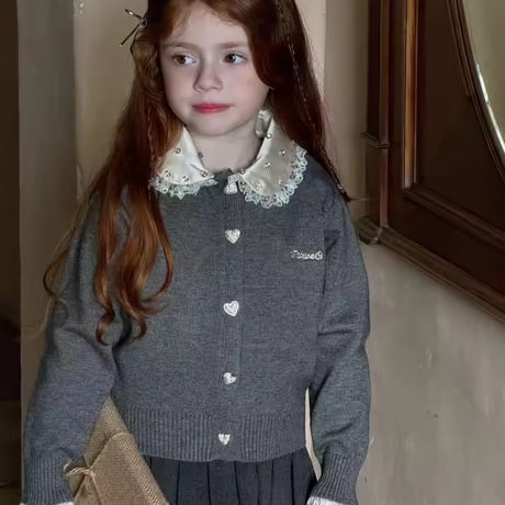 kids black/gray sparkly collarハートボタンカーディガン(2030)