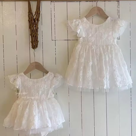 姉妹お揃いローズバックリボンスカートドレスロンパース(2137)