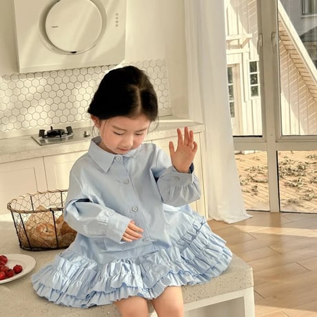 kids white / sky blueギャザーフリルシャツワンピース(3998)