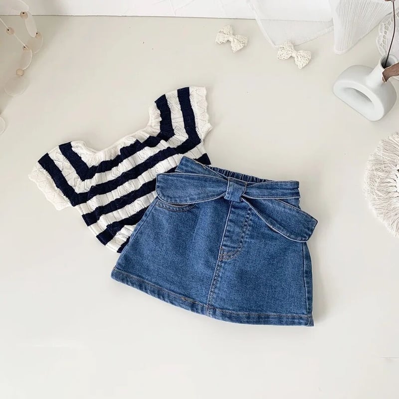 yukiemonおリボンデニムミドルスカート 透かし編みバイカラーブラウスorリボンデニムスカート(2933