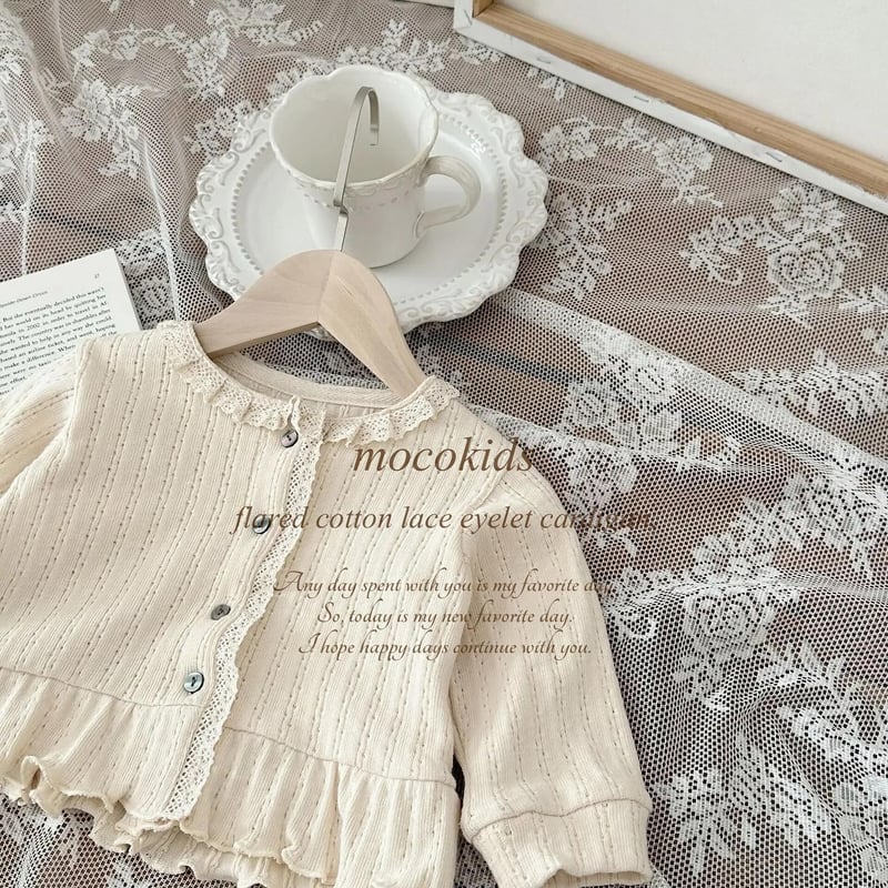 ペプラムフレアコットンレースアイレットカーディガン(3395) | こども