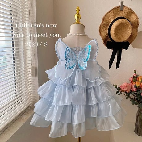 kids 4color シャーリングtripleサテンチュールバタフライドレス(3232)