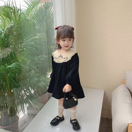 kids 刺繍襟ぽわん袖Aラインワンピース(2385)