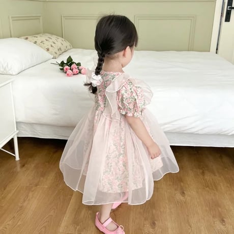 kids pinkローズショルダーフリルチュールワンピース(2776)