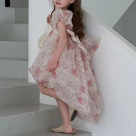 kids アシンメトリーピンクフローラルシフォンドレス(1544)