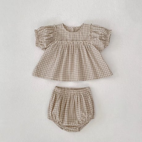 embroidery/check パフスリーブブルマセットアップ(1277)