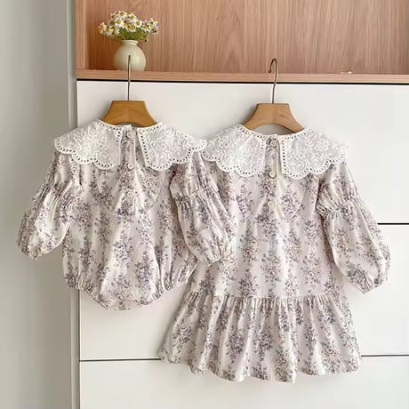 姉妹お揃いヴィンテージローズレースcollarロンパースorワンピース(2031)