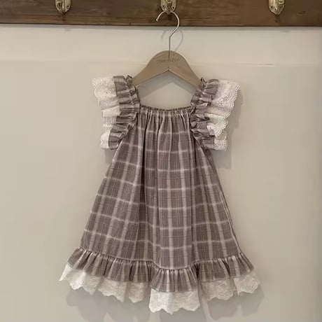 姉妹お揃い mocaチェックショルダーコットンレースワンピースorワンピース(1406)